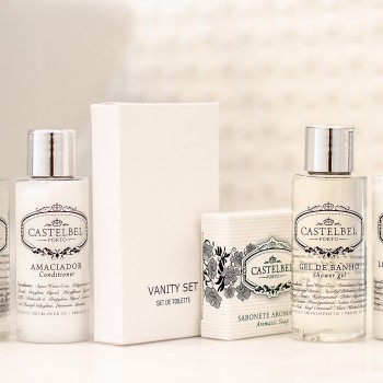 Shampoo, conditioner, body gel, body lotion and vanity set from the Portuguese brand Castelbel.